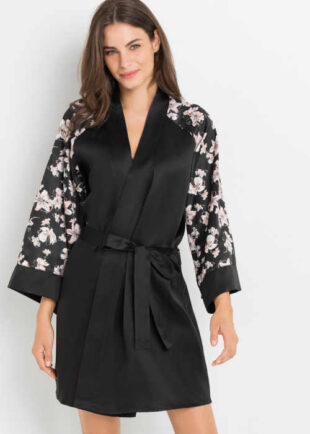 Ženski kimono ogrtač crnog dizajna s cvjetnim uzorkom